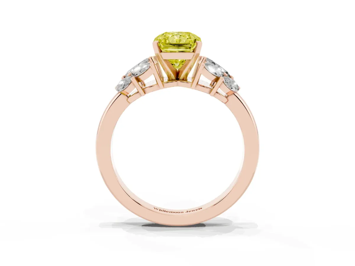 Fancy Yellow Radiant Cut Diamond Cluster Leaf Design Ring with Prong Setting Rose gold