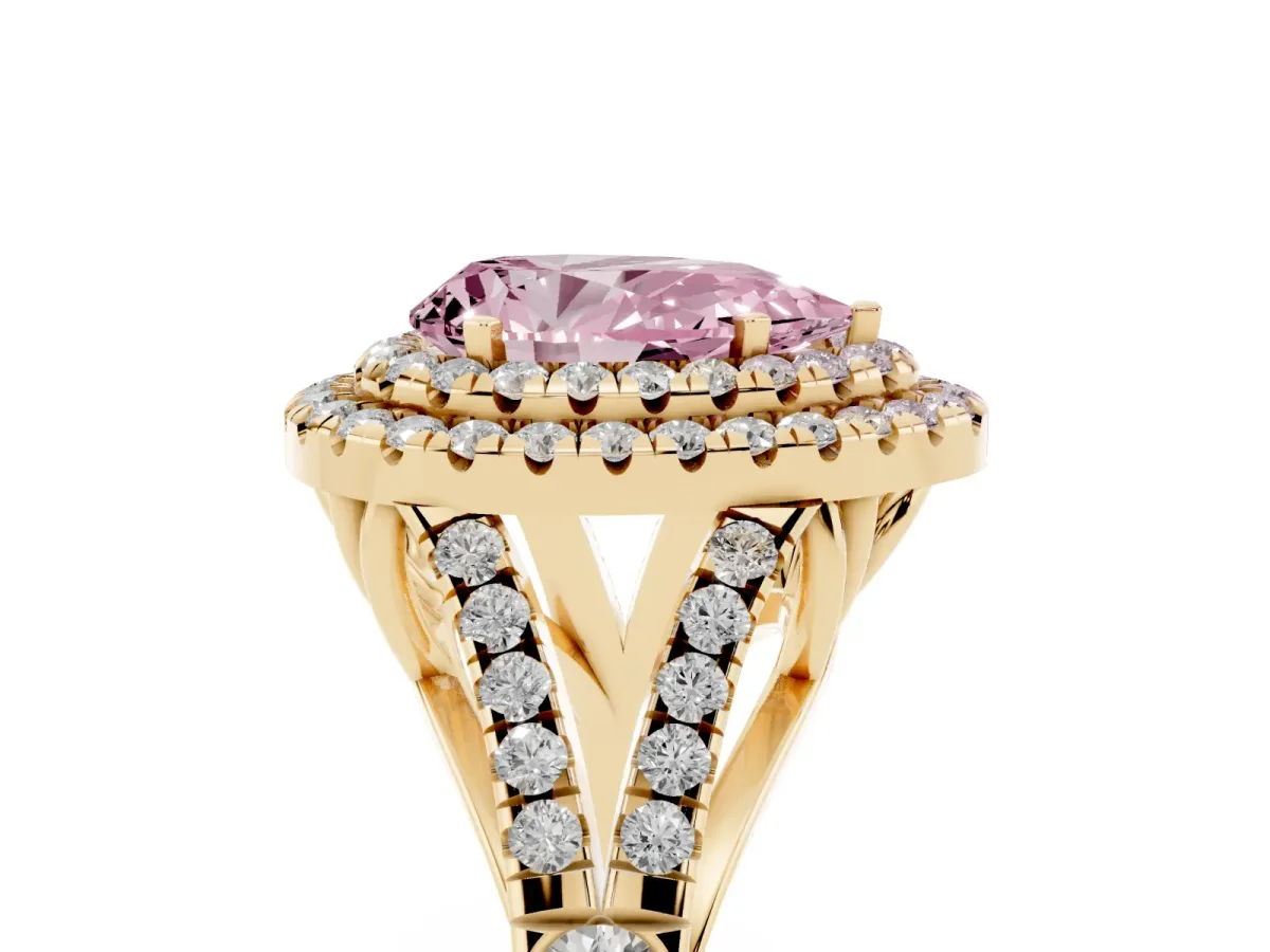 Fancy Pink Pear Cut Diamond Double Halo Ring with Split Shank and Prong Setting Yellow gold