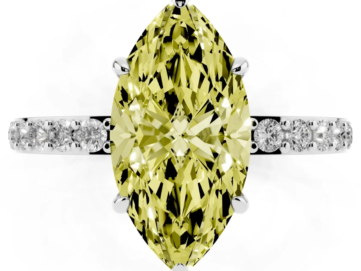 Fancy Yellow Marquise Cut Diamond Pavé Engagement Ring with Round Accents and Prong Setting Silver