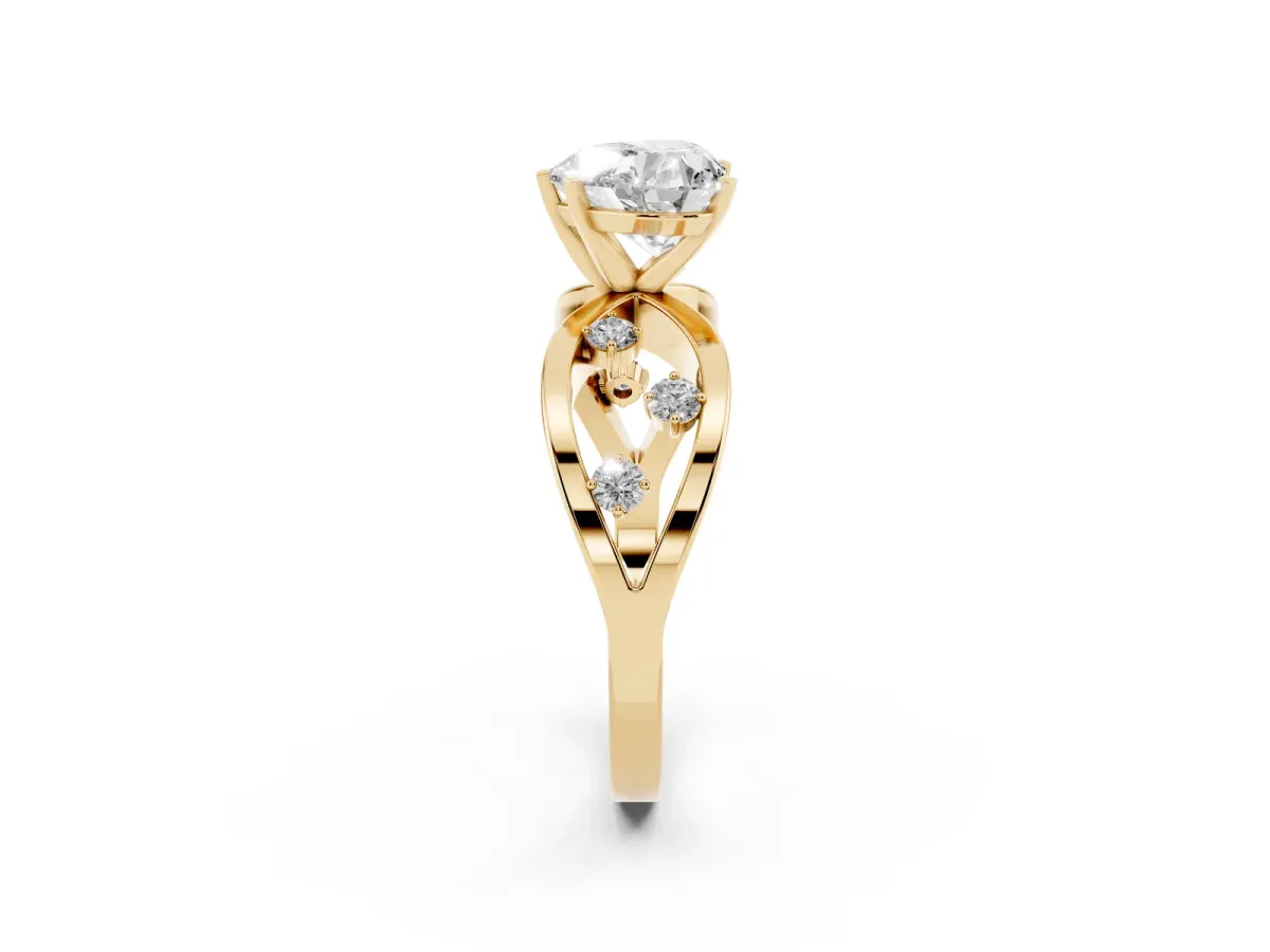 Heart Cut Cut Solitaire Diamond with Side Stones on Criss-Cross Band and Four-Prong Setting Yellow gold
