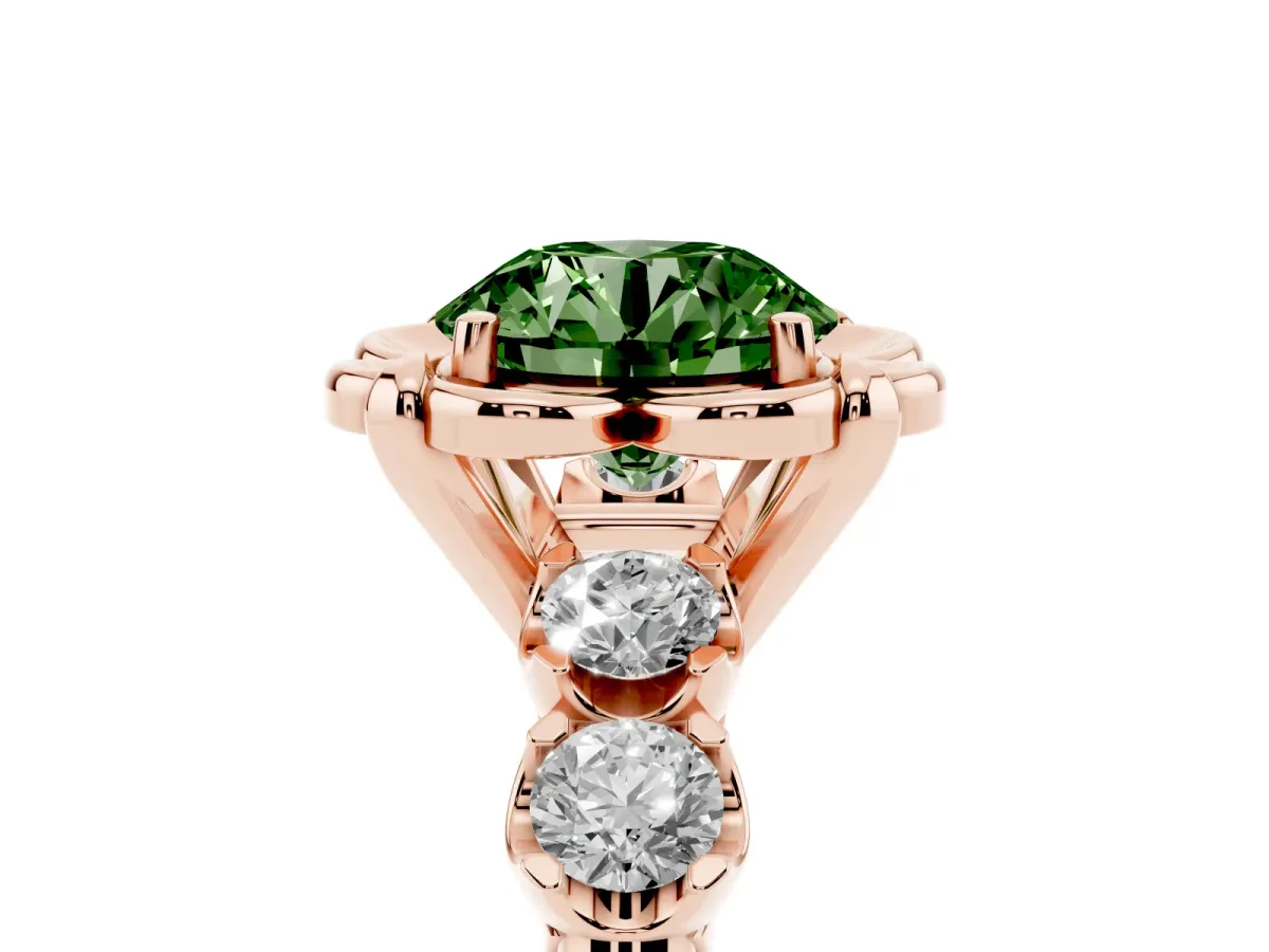 Fancy Green Round Cut Cut Diamond Floral Halo Engagement Ring with Shared Prong Setting Rose gold