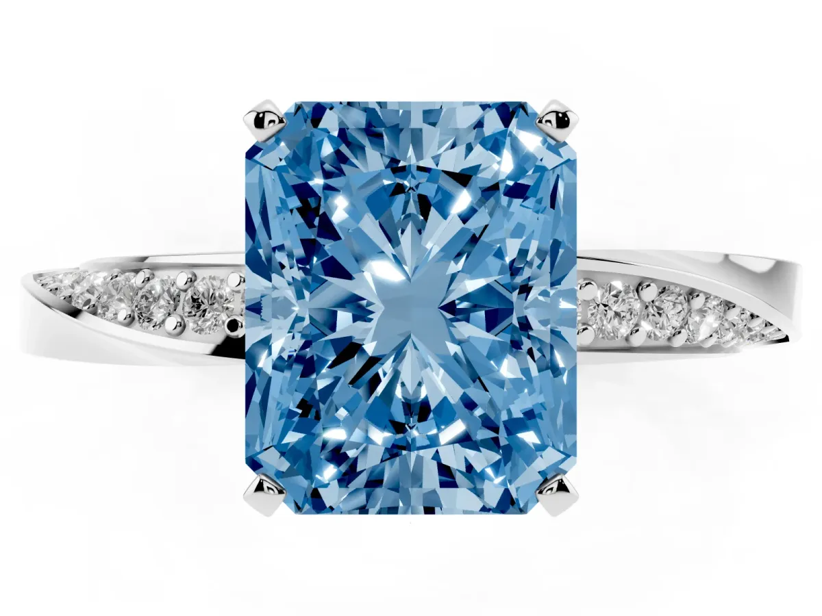 Fancy Blue Radiant Cut Diamond Engagement Ring with Side Stone Accents and Four-Prong Setting Platinum