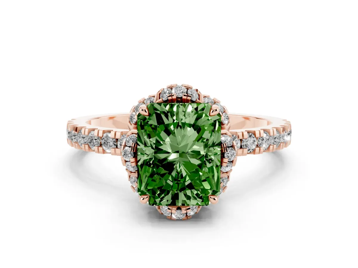 Fancy Green Radiant Cut Diamond Halo Pave Band with Four-Prong Setting Rose gold