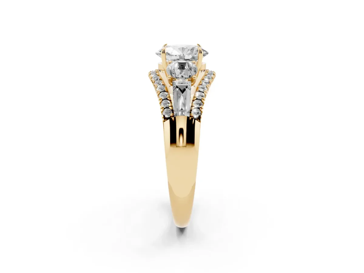 Three-Stone Oval Cut Diamond Engagement Ring with Pave Band and Prong Setting Yellow gold
