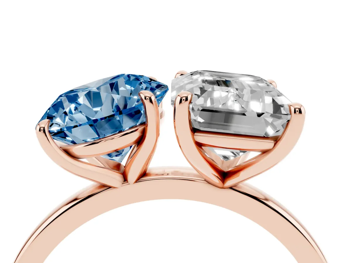 Fancy Blue Round Cut and Emerald Cut Toi Moi Ring with Prong Setting Rose gold