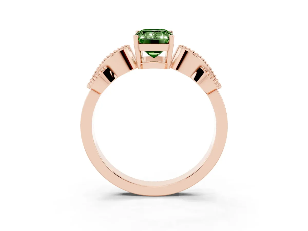 Fancy Green Emerald Cut Solitaire Milgrain Leaf Band with Prong Setting Rose gold