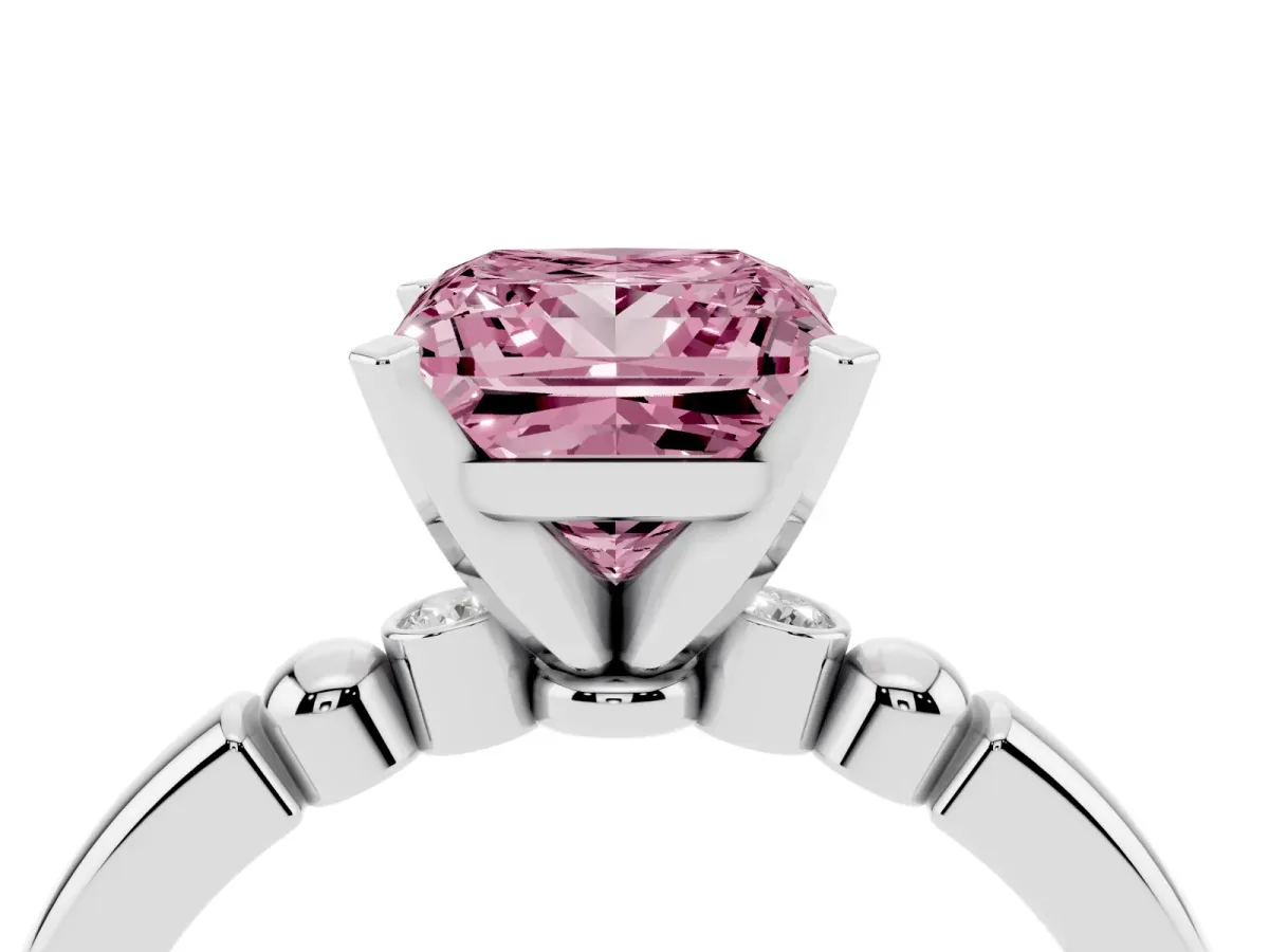 Fancy Pink Princess Cut Solitaire Beaded Band with Four-Prong Setting Silver