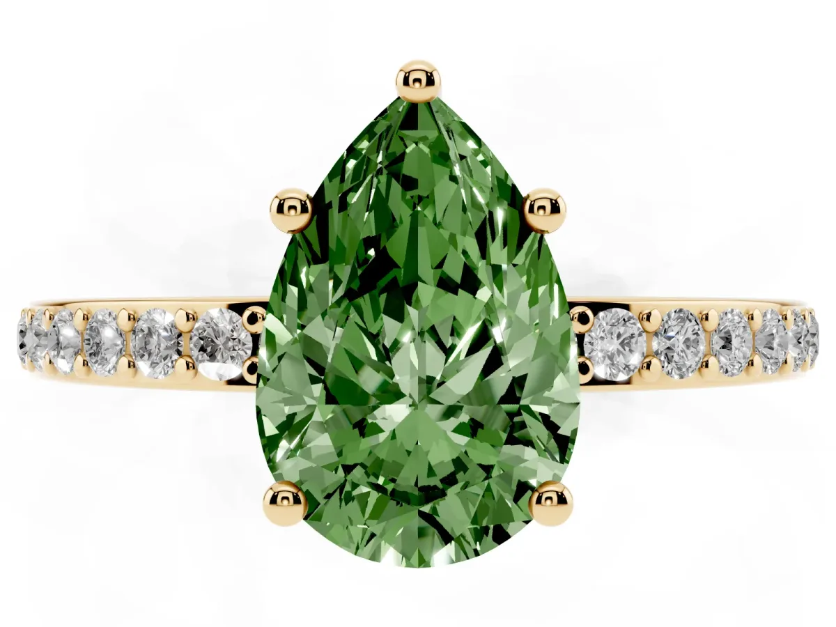 Fancy Green Pear Cut Cut Diamond Pavé Band Ring with Four-Prong Setting Yellow gold