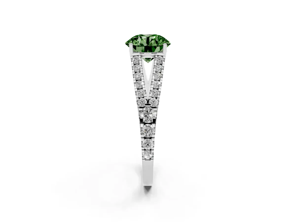 Fancy Green Round Cut Diamond Split Shank Engagement Ring with Round Pavé and Prong Setting Silver