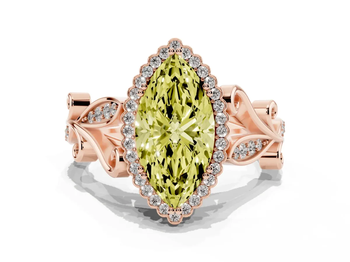 Fancy Yellow Marquise Cut Diamond Halo Ring with Vintage Split Shank and Four-Prong Setting Rose gold