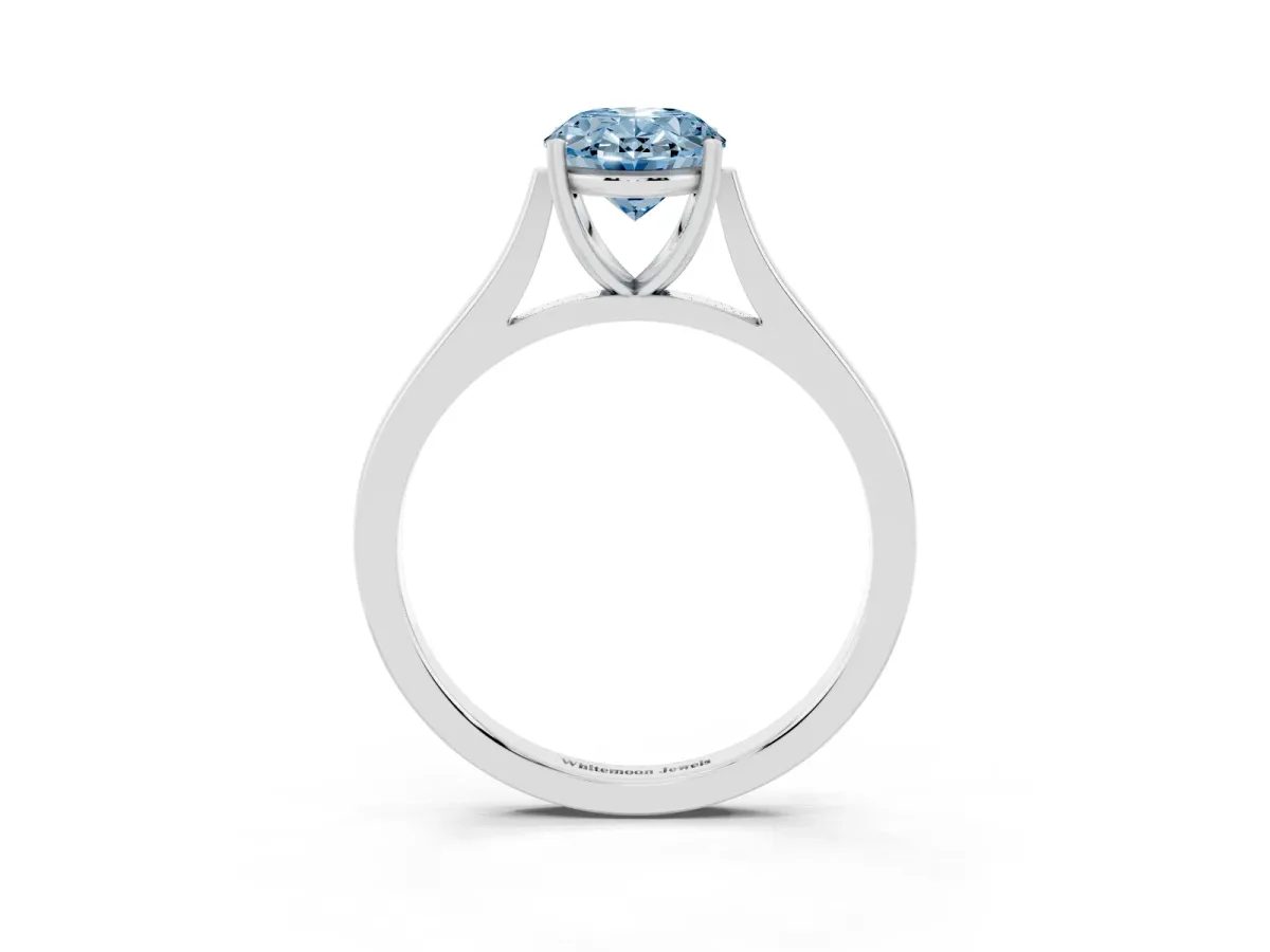 Fancy Blue Oval Cut Solitaire Heart Prong Engagement Ring with Tapered Band White gold