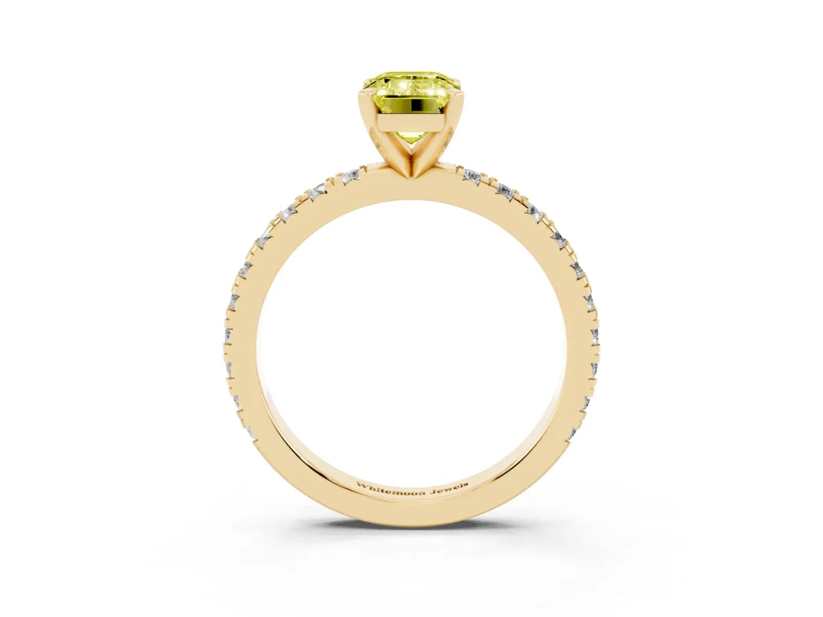 Fancy Yellow Emerald Cut Diamond Pavé Band Solitaire with Four-Prong Setting Yellow gold