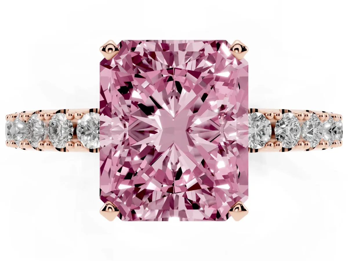 Fancy Pink Radiant Cut Diamond Solitaire Pavé Band with Four-Prong Setting Rose gold