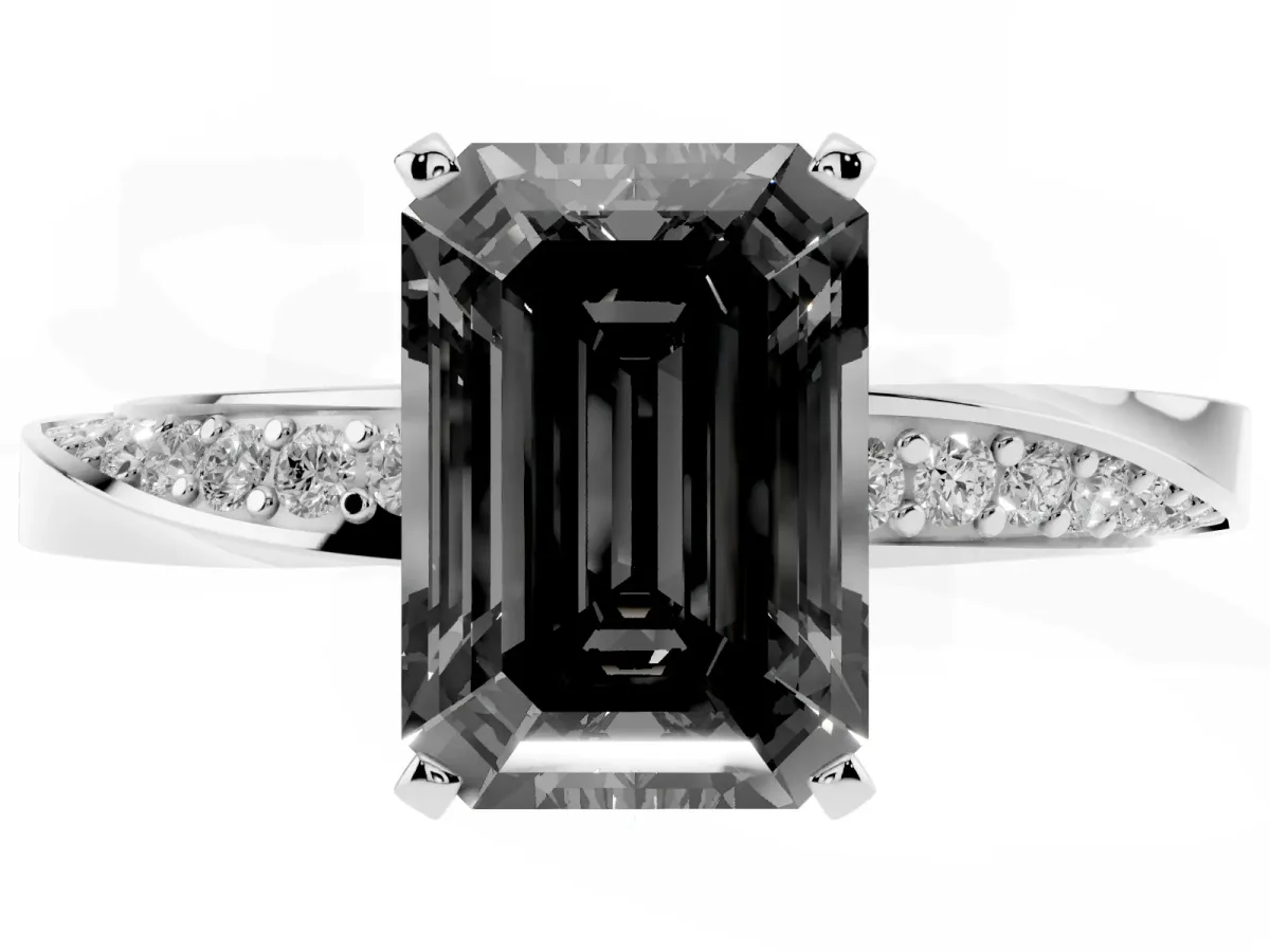 Fancy Black Emerald Cut Diamond Engagement Ring with Side Stone Accents and Four-Prong Setting Silver