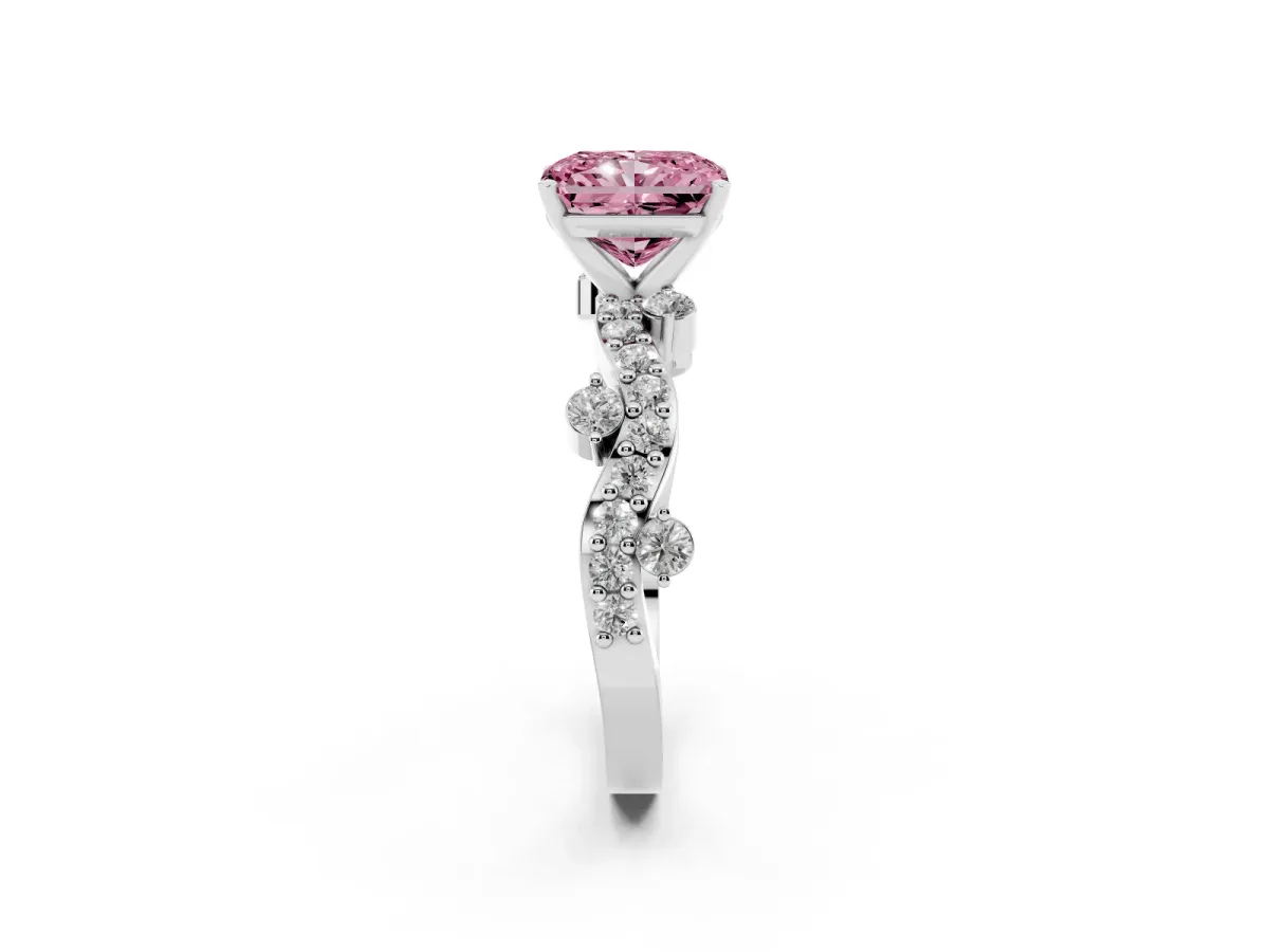 Fancy Pink Radiant Cut Cut Solitaire Diamond Twisted Band with Pave Setting Silver