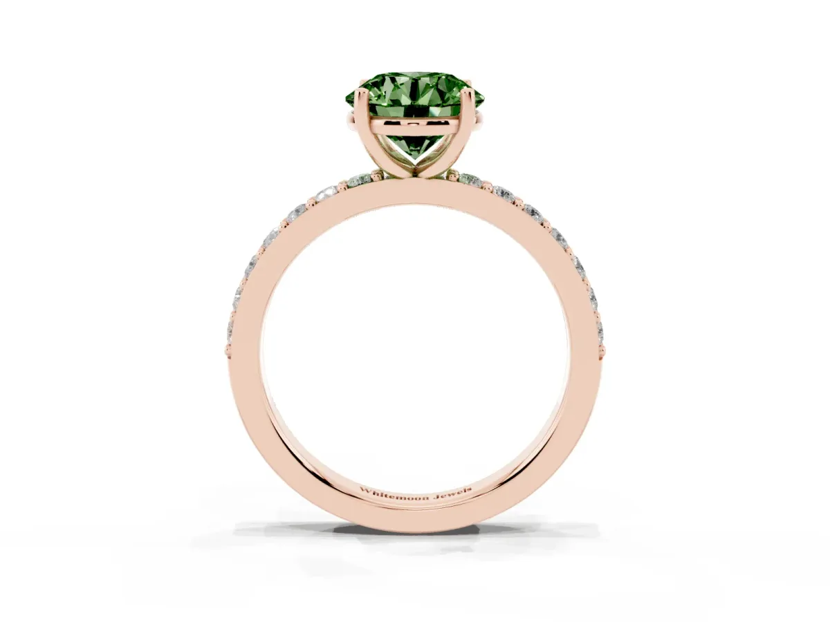 Fancy Green Round Cut Cut Diamond Solitaire with Pave Band and Four-Prong Setting Rose gold
