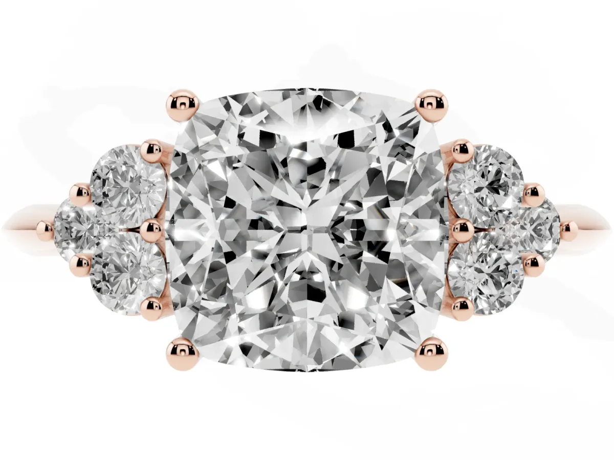 Cushion Cut Cut Diamond Cluster Ring with Solitaire Band and Four-Prong Setting Rose gold