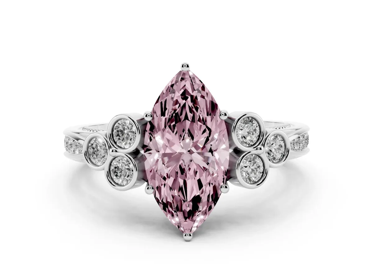 Fancy Pink Marquise Cut Cut Diamond Engagement Ring with Bezel Set Round Side Stones and Prong Setting White gold
