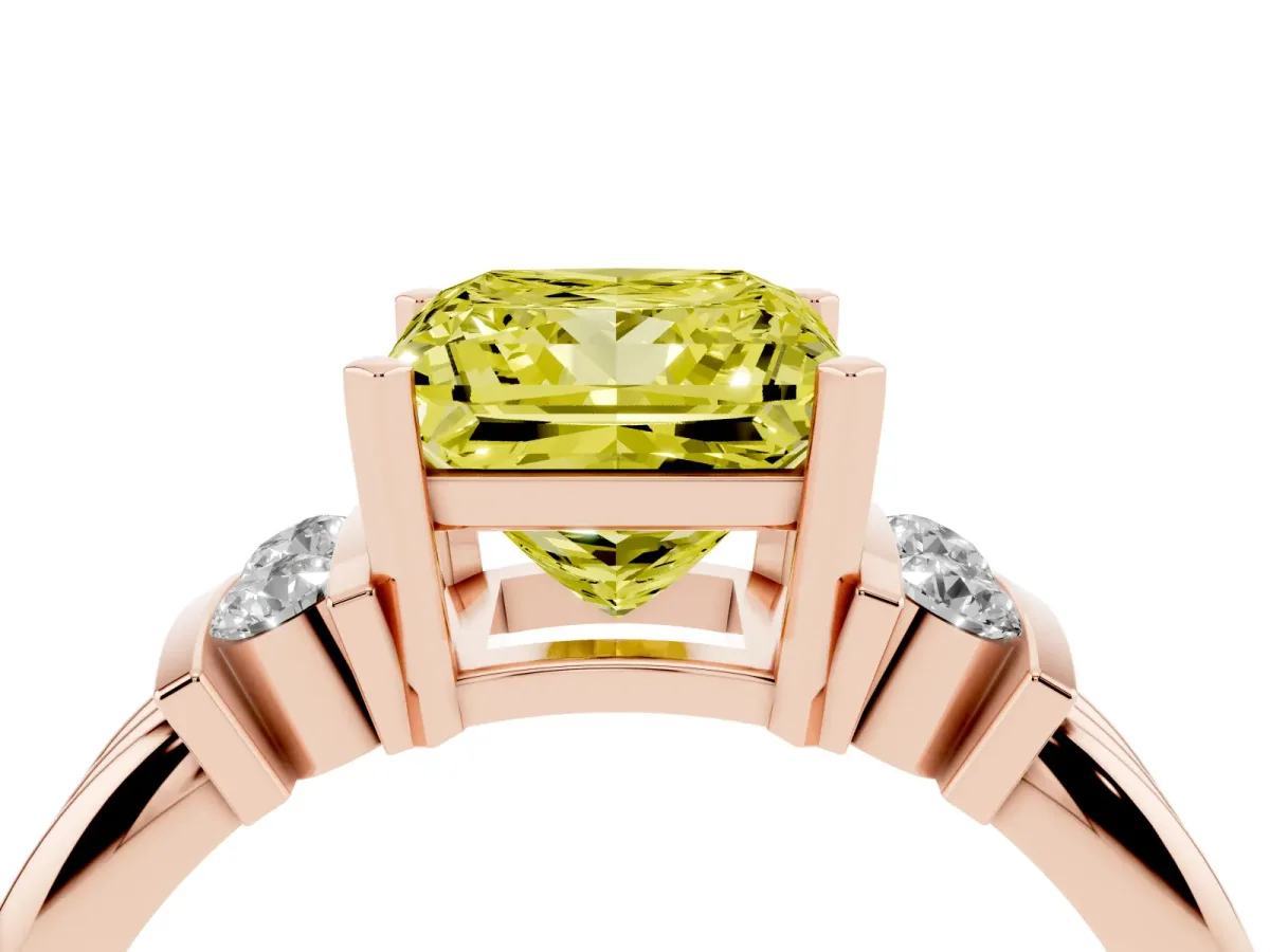 Fancy Yellow Princess Cut Cut Three-Stone Channel Set Ring with Bar Prongs Rose gold