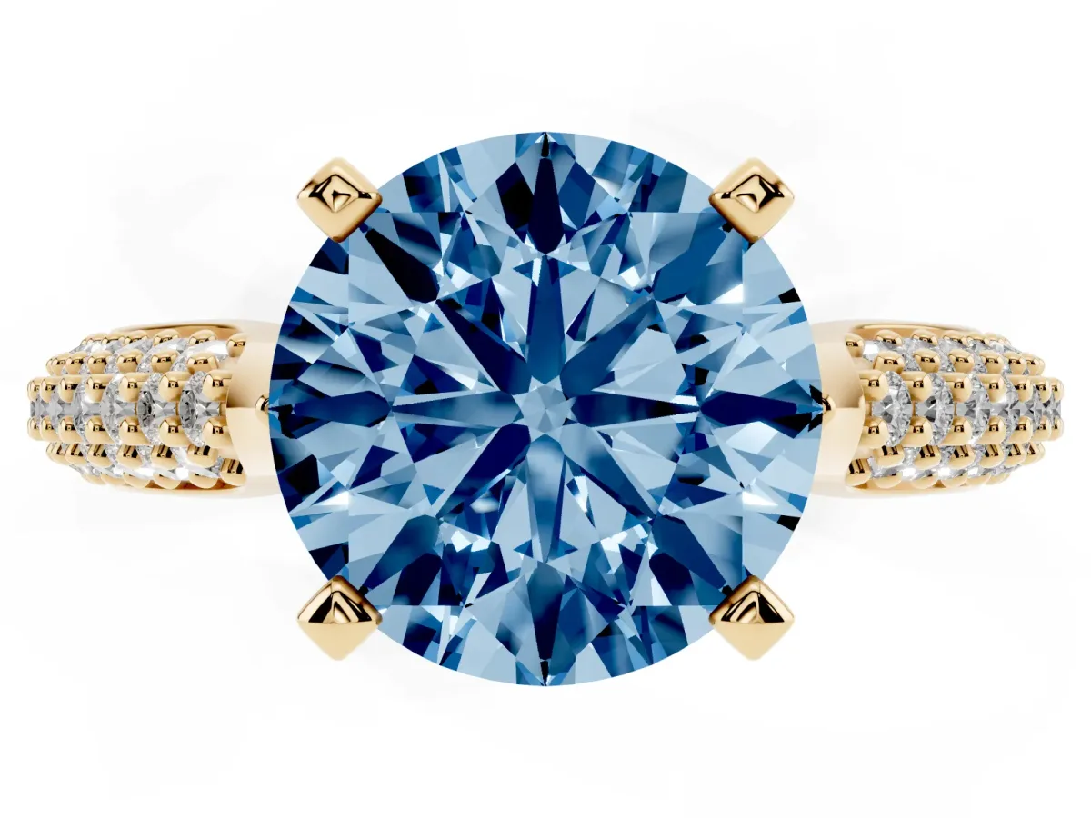 Fancy Blue Round Cut Diamond Solitaire Engagement Ring with Multi-Row Round Pavé Band and Prong Setting Yellow gold
