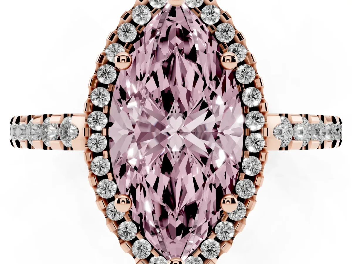Fancy Pink Marquise Cut Diamond Halo Engagement Ring with Pavé Band and Prong Setting Rose gold