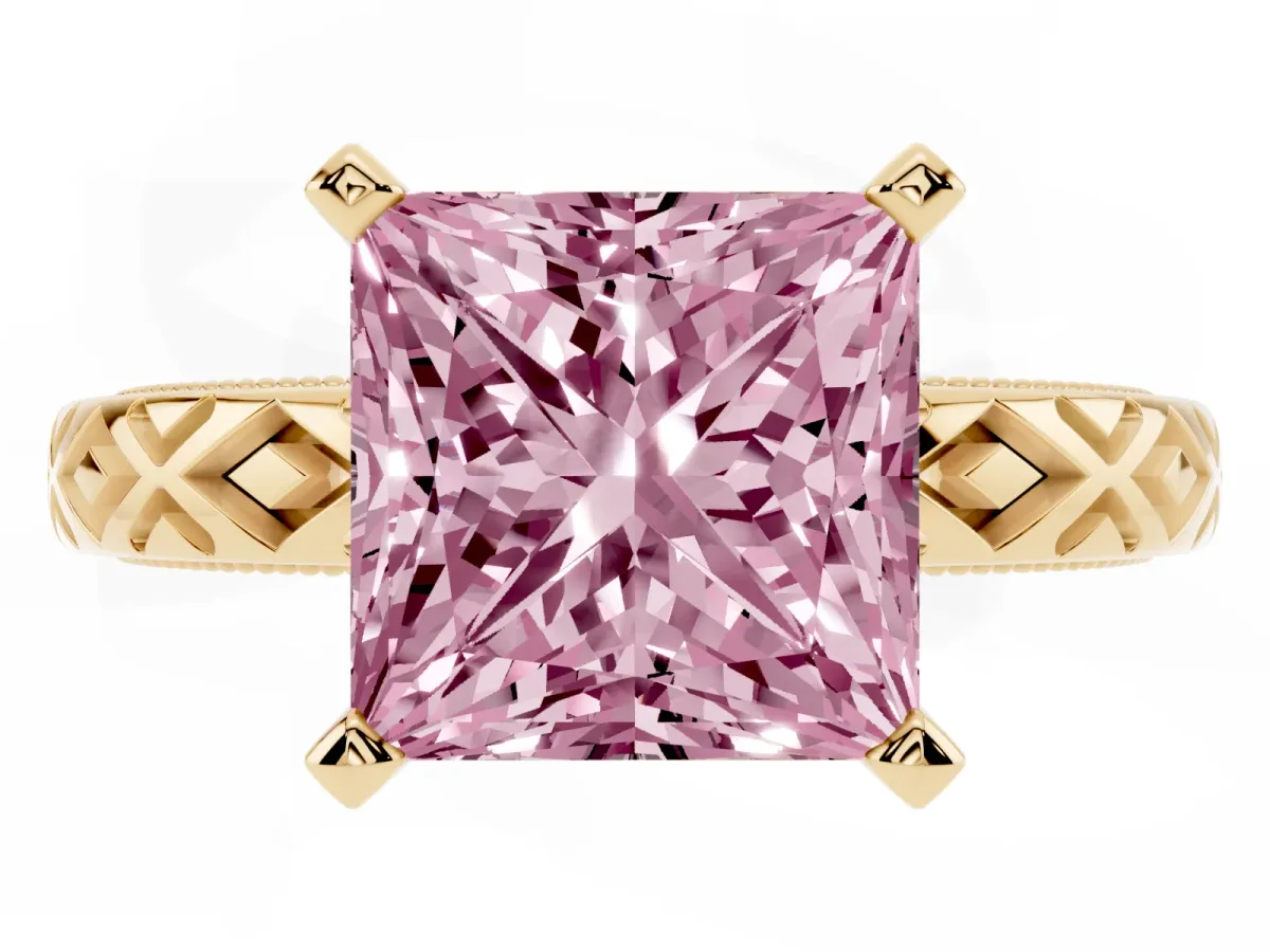 Fancy Pink Princess Cut Solitaire Diamond Ring with Milgrain and Black Enamel X Pattern Band Yellow gold