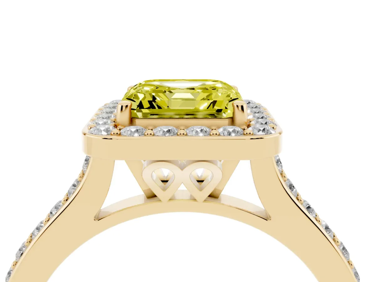 Fancy Yellow Asscher Cut Diamond Halo Engagement Ring with Round Pavé Shoulders and Prong Setting Yellow gold