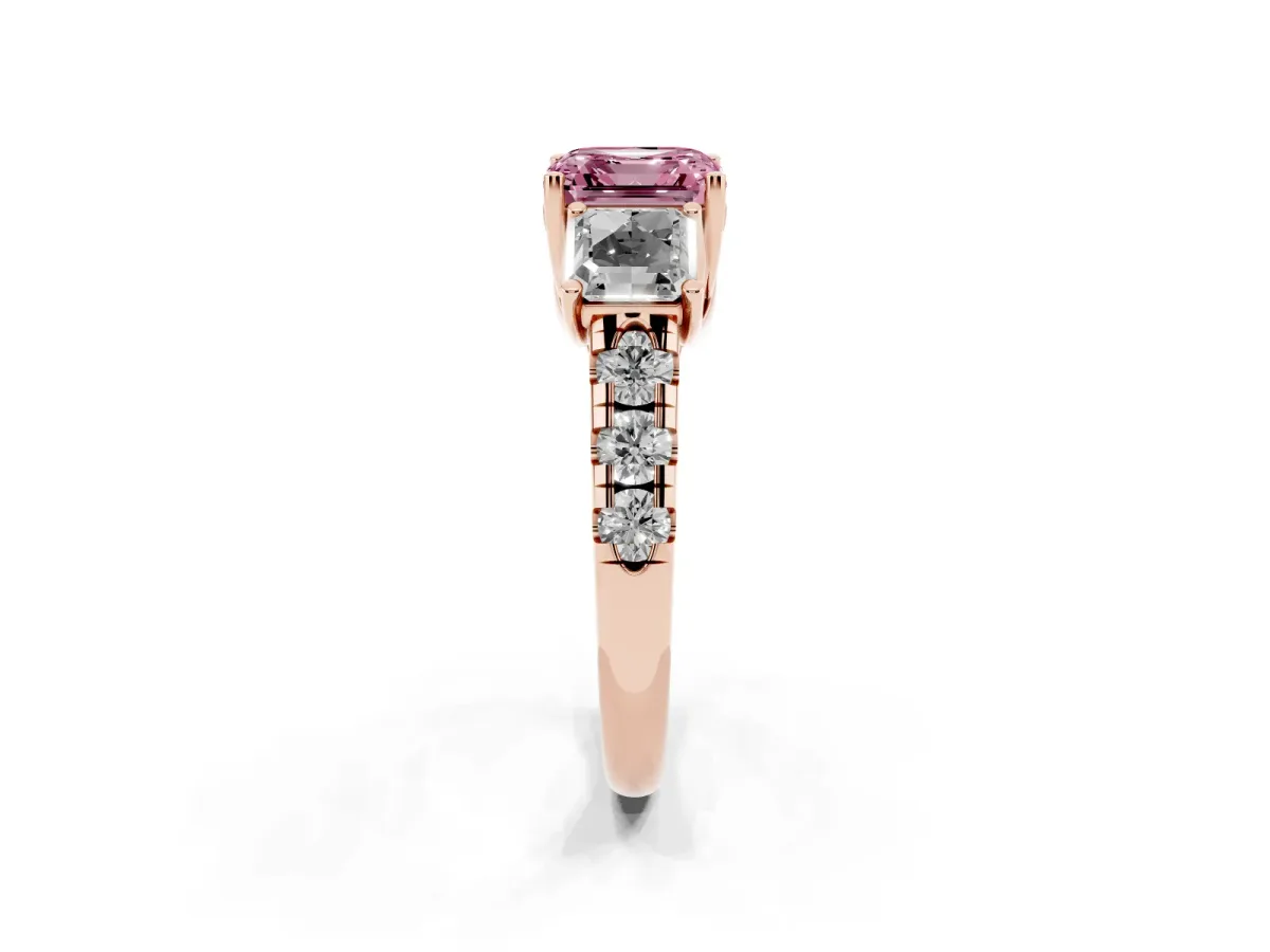 Fancy Pink Three-Stone Asscher Cut Diamond Pavé Band with Prong Setting Rose gold