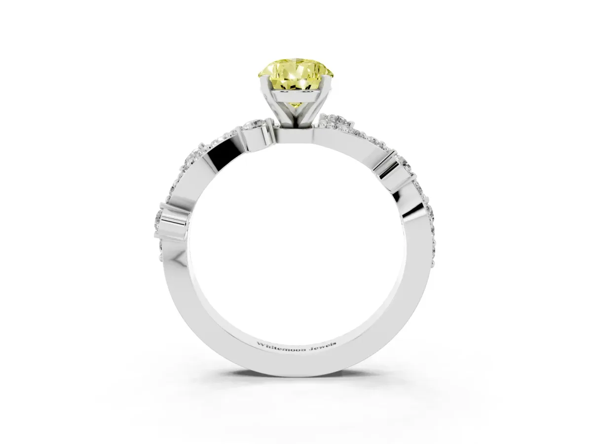 Fancy Yellow Pear Cut Cut Solitaire Diamond Twisted Band with Pave Setting White gold