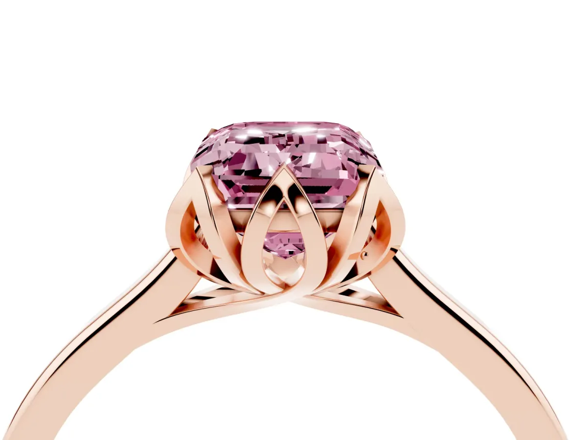 Fancy Pink Emerald Cut Diamond Solitaire Ring with Flower Prong Setting and Classic Band Rose gold