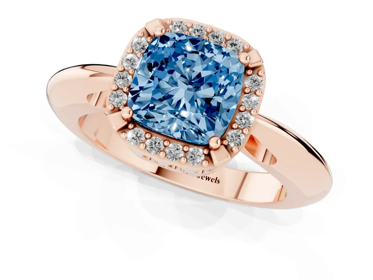 Fancy Blue Cushion Cut Cut Diamond Halo Engagement Ring with Split Shank and Four-Prong Setting Rose gold