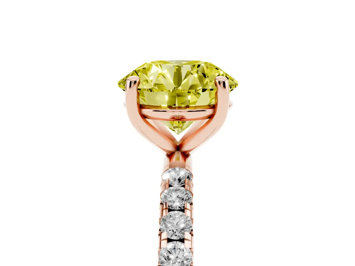 Fancy Yellow Round Cut Cut Diamond Solitaire Ring with Micro Pave Band and Four Prong Setting Rose gold
