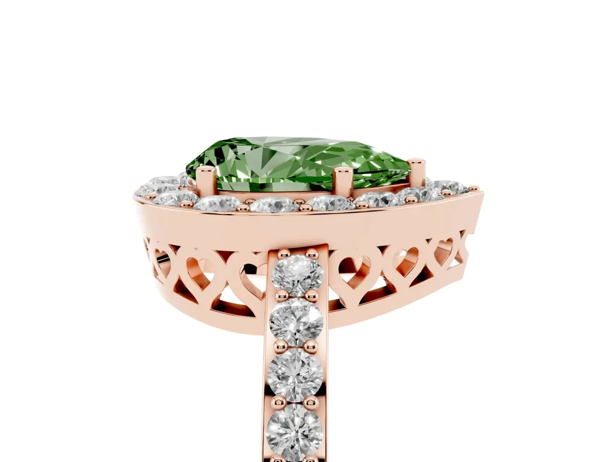 Fancy Green Pear Cut Halo Diamond Pavé Band Ring with Prong Setting Rose gold