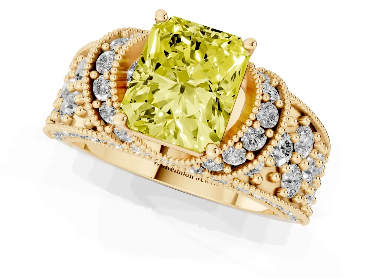 Fancy Yellow Radiant Cut Halo Pave Diamond Engagement Ring with Milgrain Detailing Yellow gold