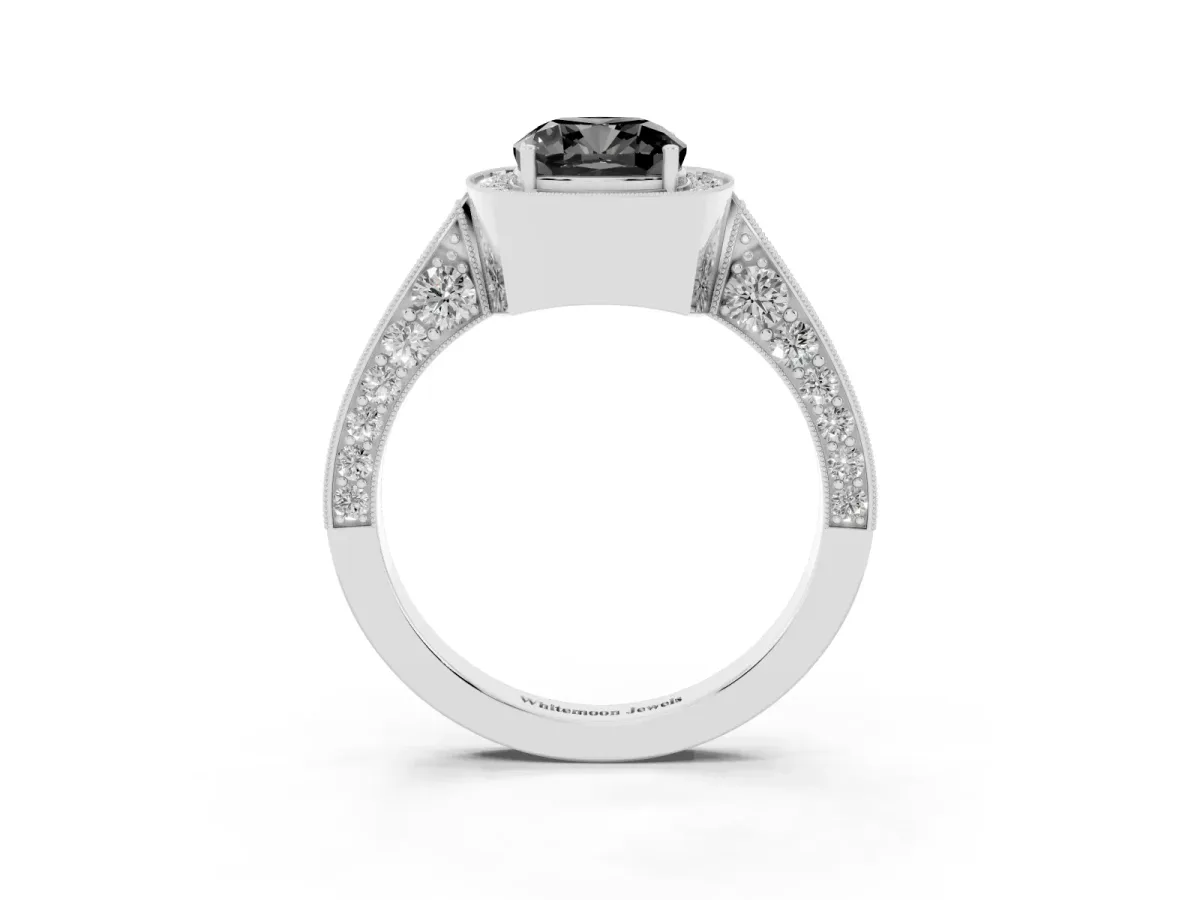 Fancy Black Cushion Cut Halo Diamond Engagement Ring with Split Shank Band and Four-Prong Setting Silver
