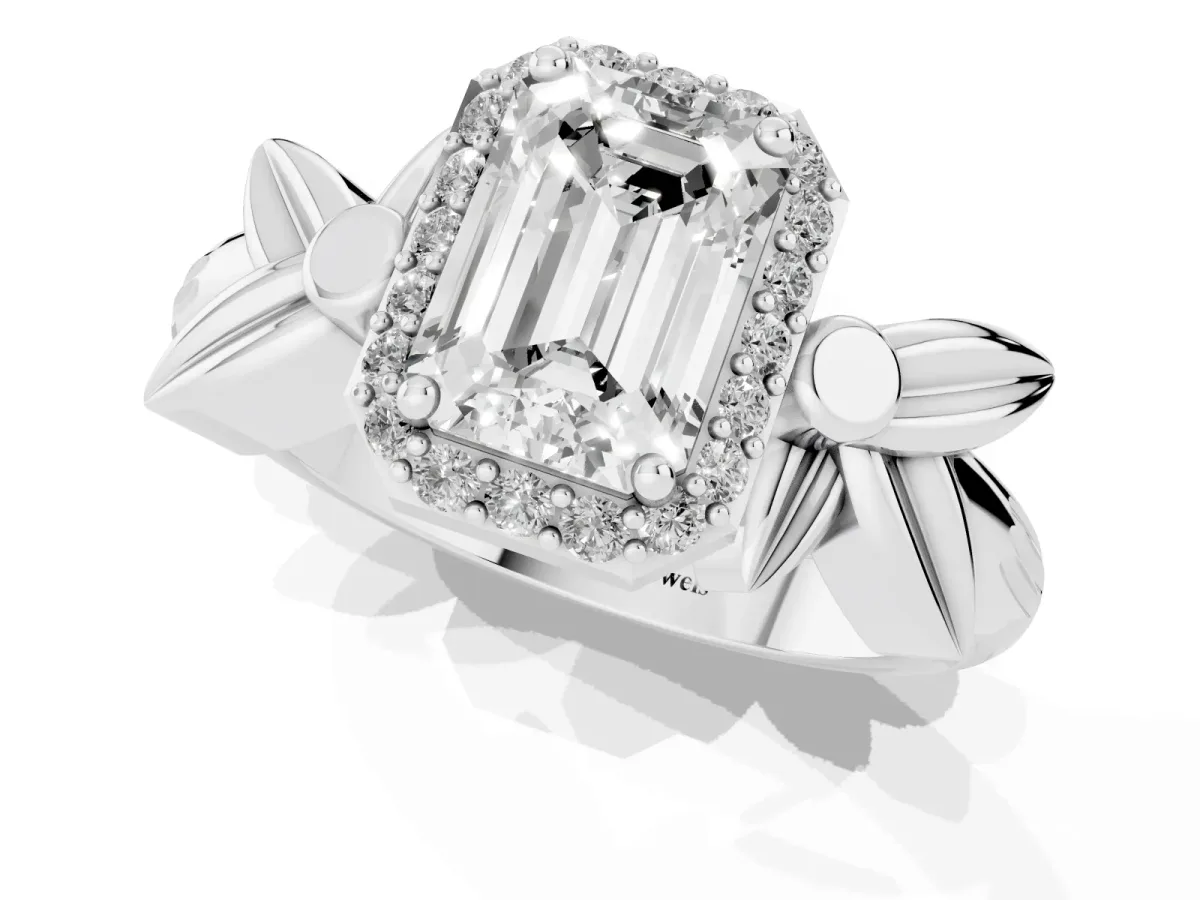 Emerald Cut Halo Diamond Floral Band with Four-Prong Setting Platinum