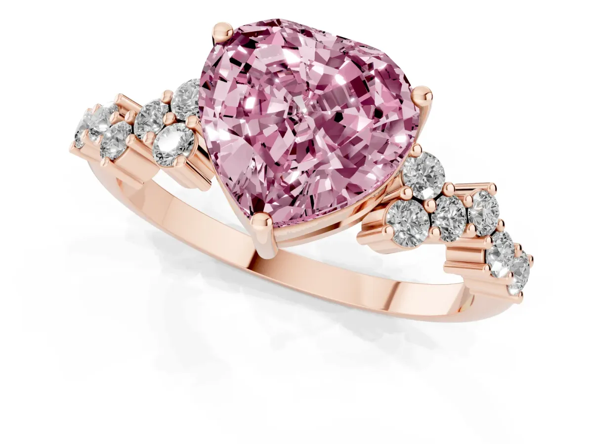 Fancy Pink Heart Cut Diamond Scattered Round Accent Ring with Prong Setting Rose gold