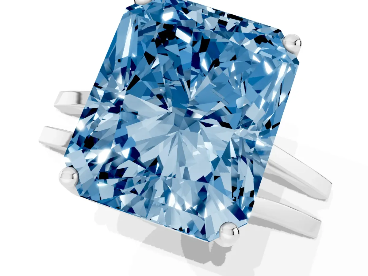 Fancy Blue Radiant Cut Cut Diamond Solitaire Engagement Ring with Tapered Plain Band and Four-Prong Setting Silver