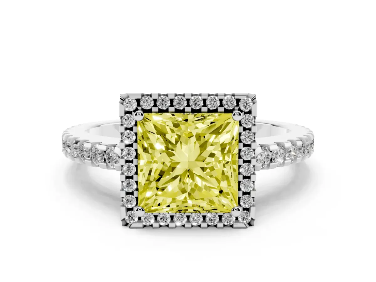 Fancy Yellow Princess Cut Diamond Halo Engagement Ring with Pavé Band and Prong Setting Silver