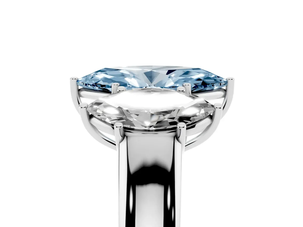 Fancy Blue Three-Stone Marquise Cut Cut Diamond Ring with Prong Setting and Classic Band Silver