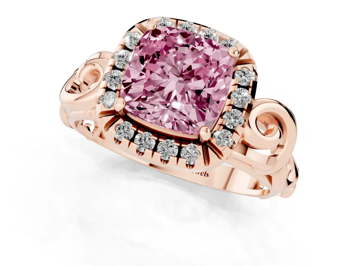 Fancy Pink Cushion Cut Cut Halo Diamond Ring with Scrollwork Band and Four-Prong Setting Rose gold