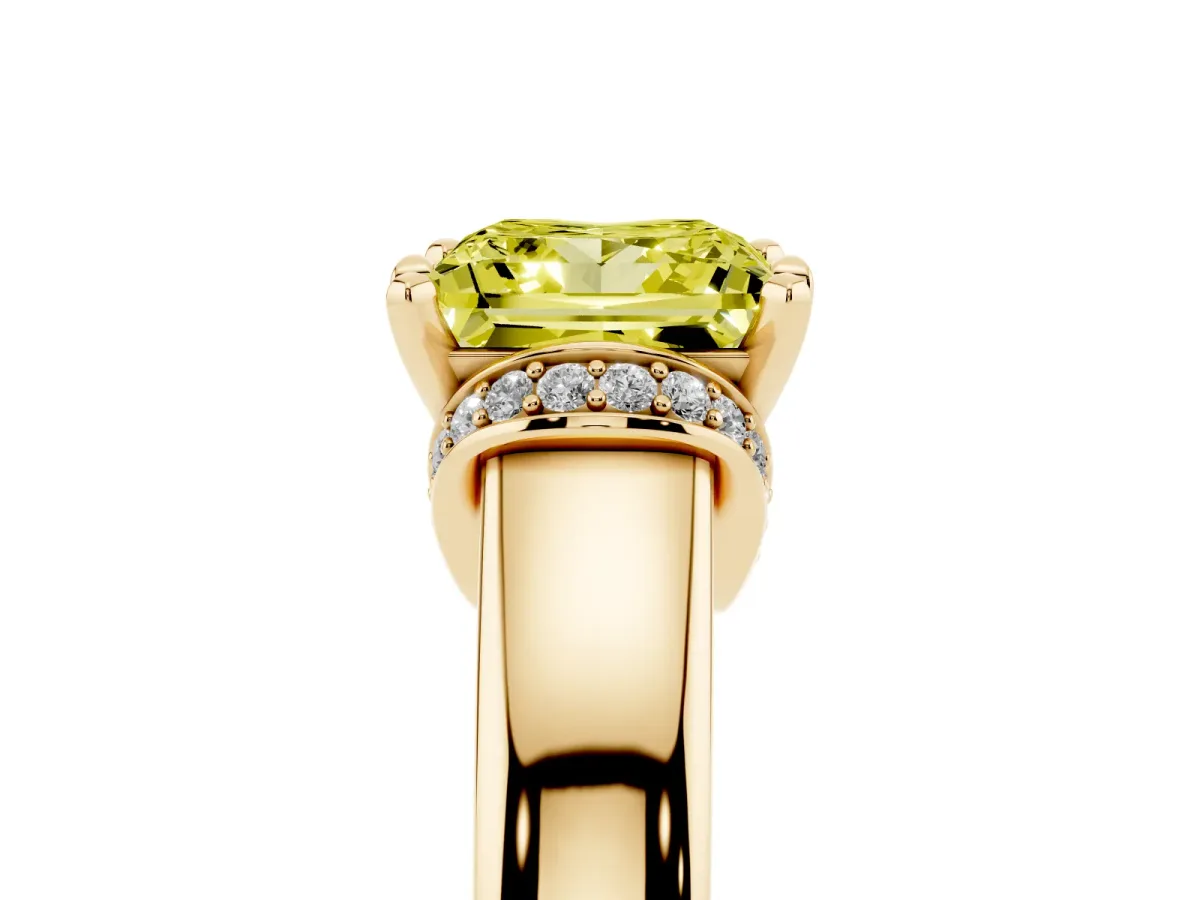 Fancy Yellow Princess Cut Solitaire Diamond Ring with Pave Band and Six-Prong Setting Yellow gold