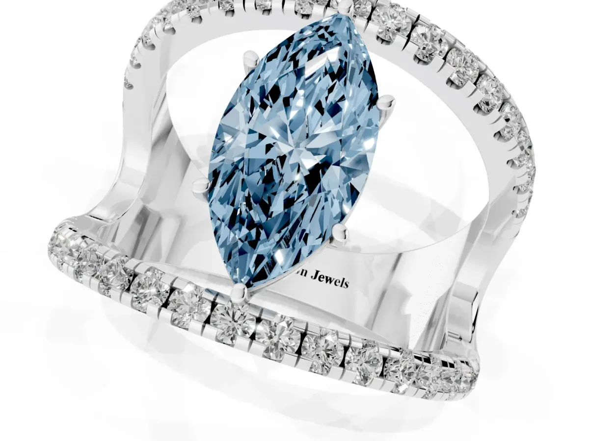 Fancy Blue Marquise Cut Solitaire Split Shank Pave Diamond Ring Silver
