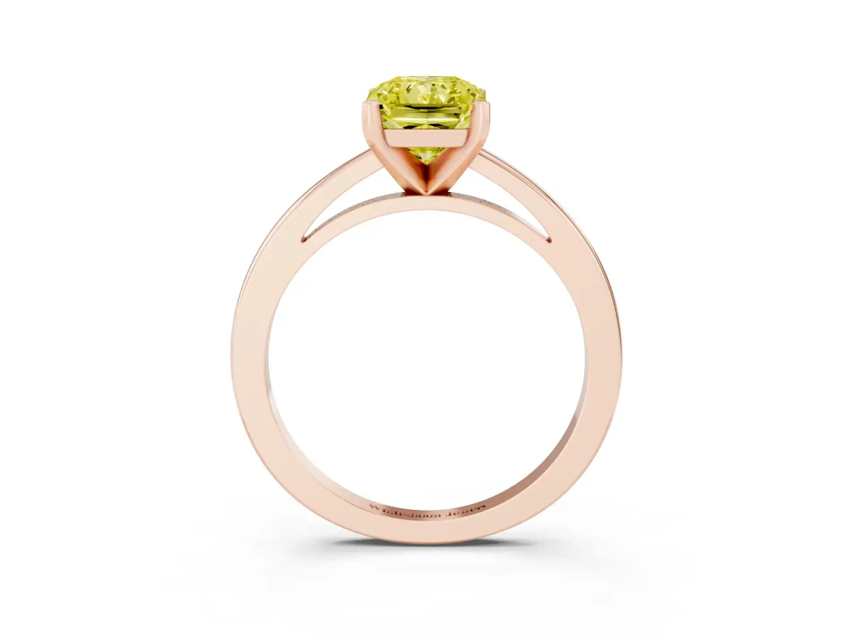 Fancy Yellow Radiant Cut Solitaire Diamond Engagement Ring with Four-Prong Setting on a Classic Band Rose gold