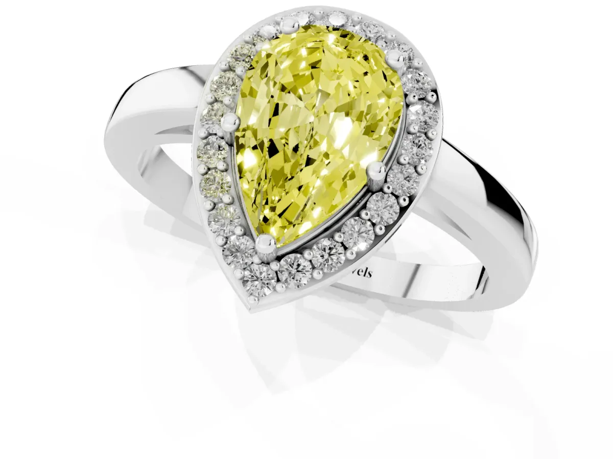 Fancy Yellow Pear Cut Halo Diamond Ring with Solitaire Band and Prong Setting Silver