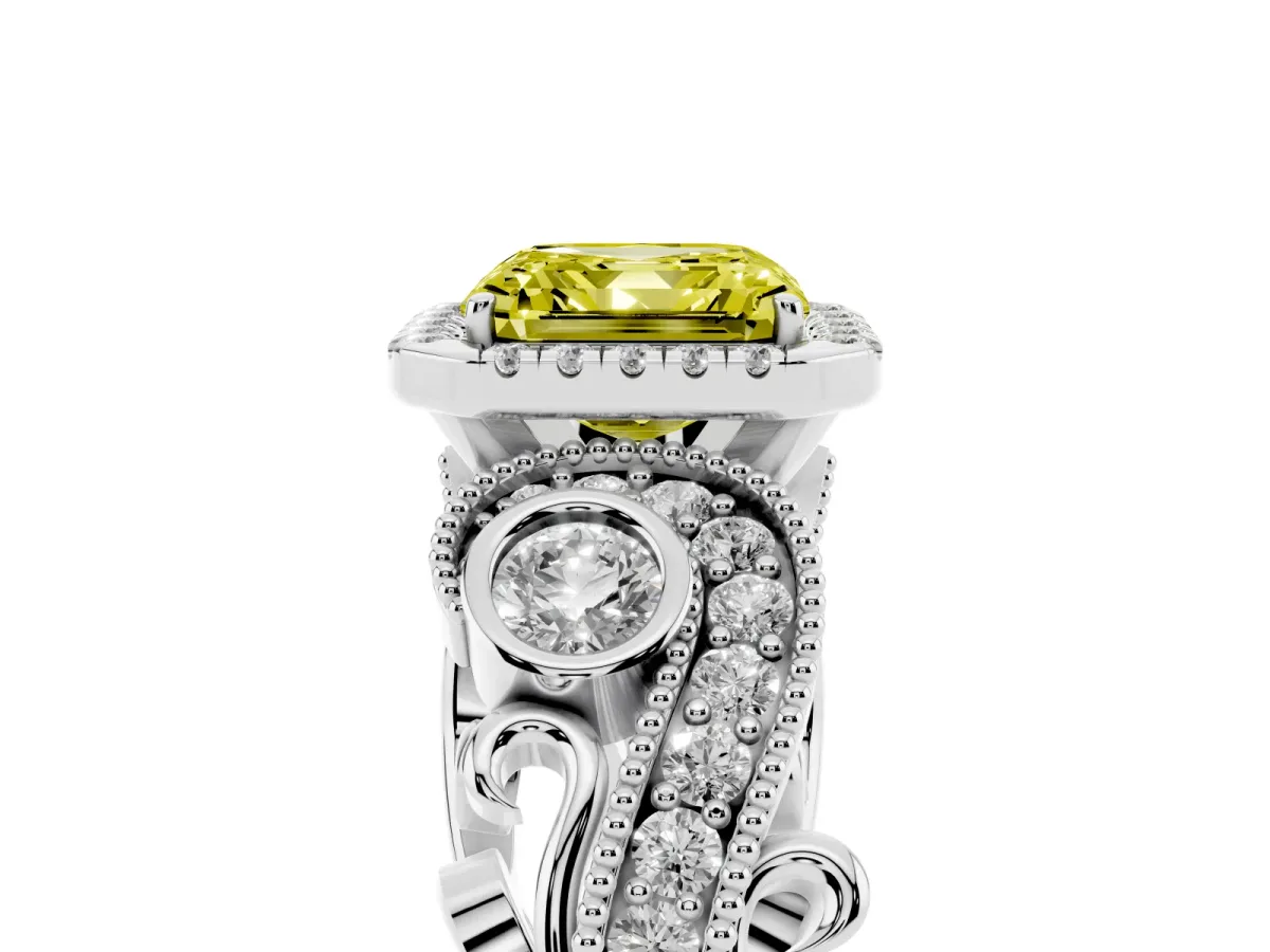 Fancy Yellow Asscher Cut Halo Diamond Ring with Milgrain and Bezel Accents on a Split Shank Band Platinum