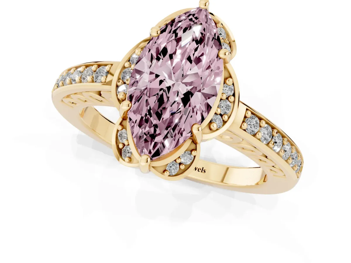 Fancy Pink Marquise Cut Cut Halo Diamond Ring with Channel Set Band and Four-Prong Setting Yellow gold