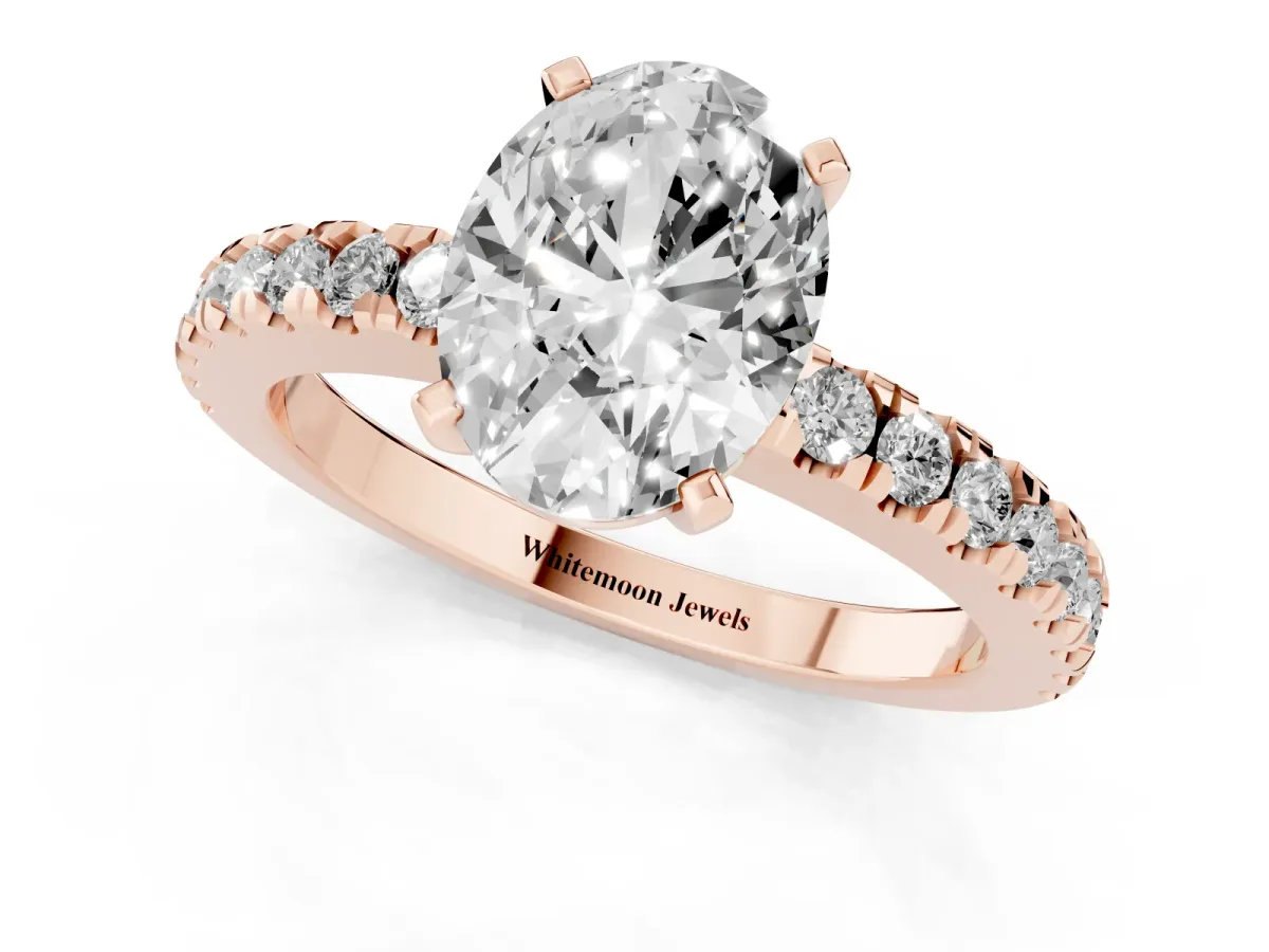 Oval Cut Solitaire Diamond with Pavé Band and Four-Prong Setting Rose gold