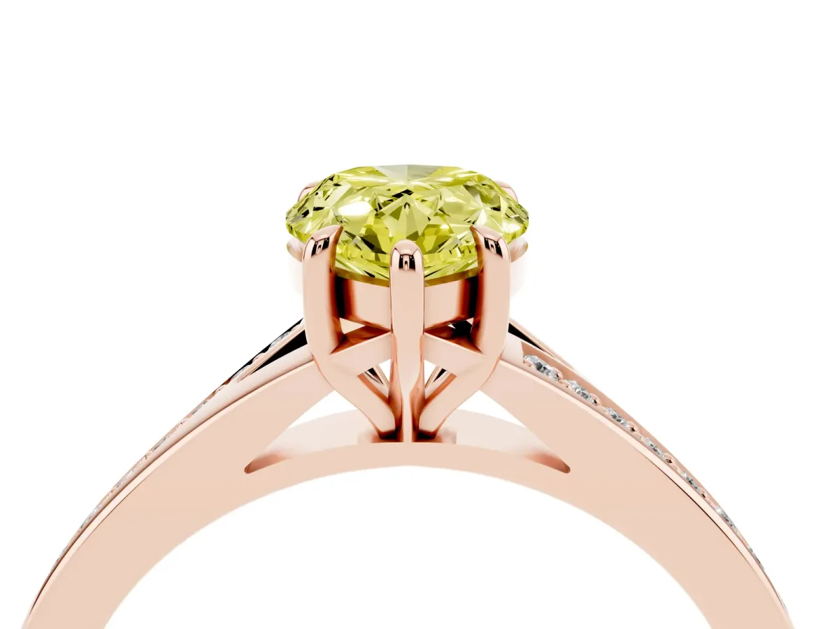Fancy Yellow Pear Cut Diamond Solitaire Ring with Pavé Band and Prong Setting Rose gold