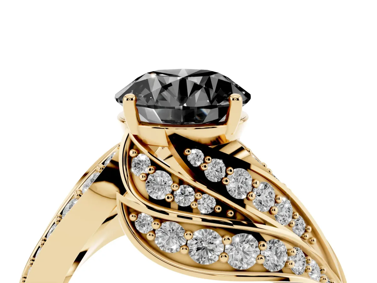 Fancy Black Round Cut Diamond Solitaire Ring with Prong Setting and Twisted Pavé Band Yellow gold